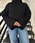 Cable Knit Flared Sleeve Turtleneck Sweater