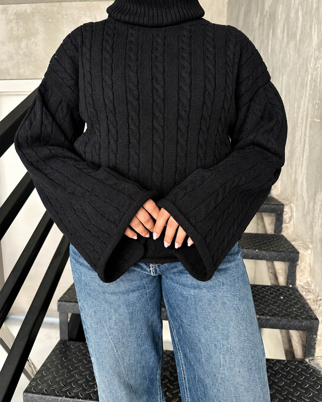 Cable Knit Flared Sleeve Turtleneck Sweater