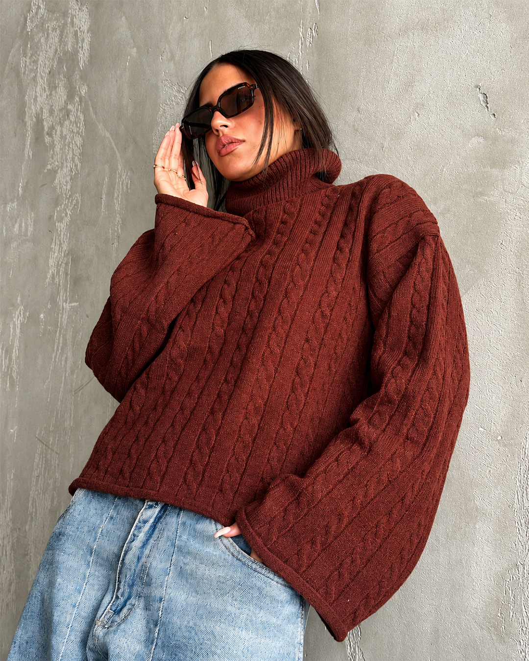 Cable Knit Flared Sleeve Turtleneck Sweater