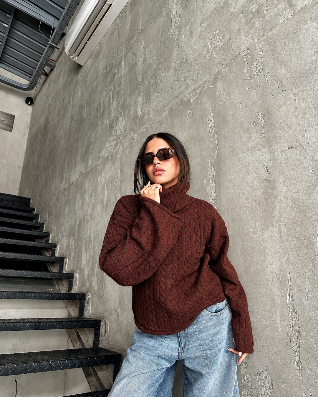 Cable Knit Flared Sleeve Turtleneck Sweater